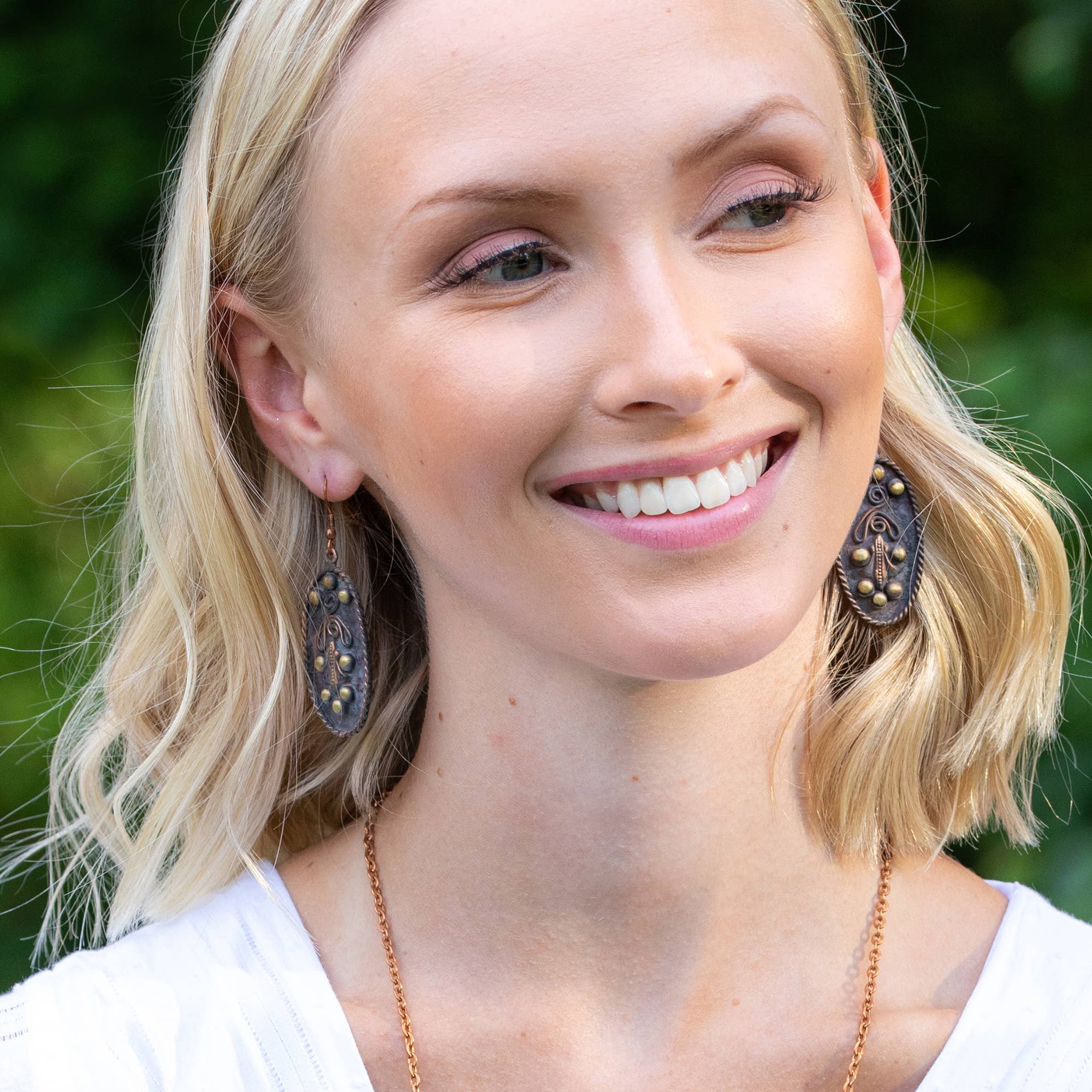 Copper Patina Earrings - Rivets & Filigree in Turquoise Oval