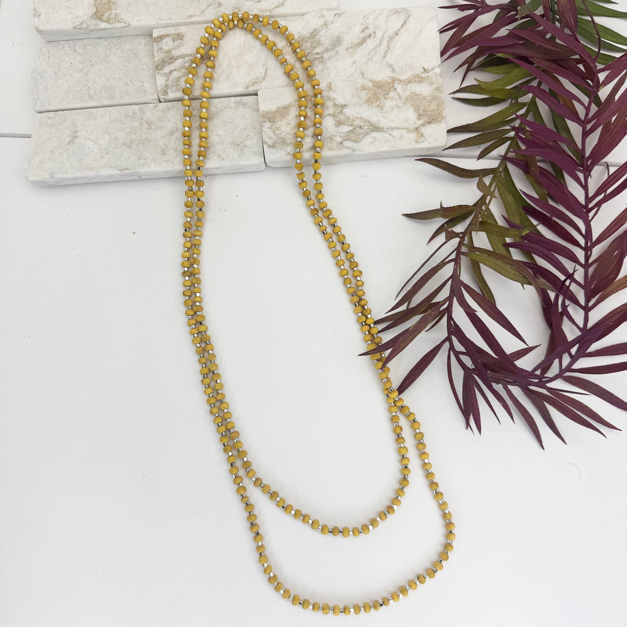 Sachi Long Wood Bead Necklace - Yellow