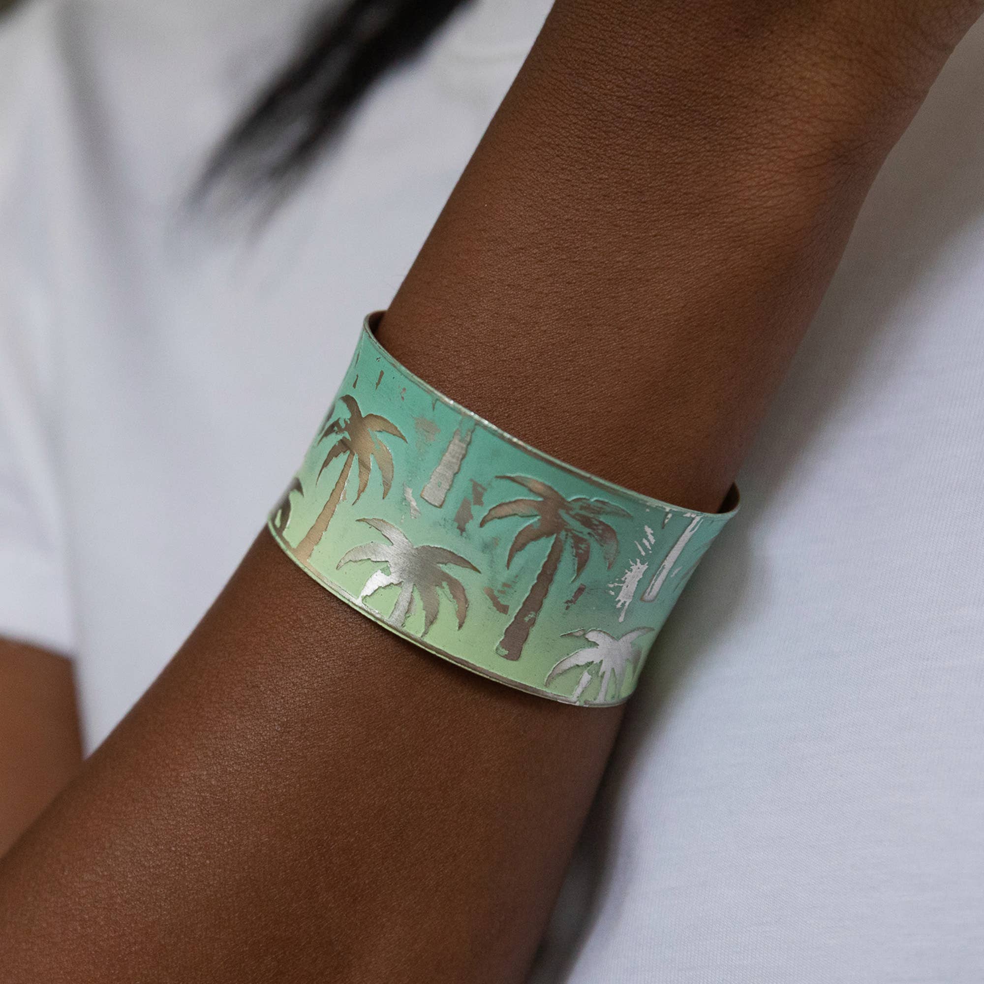 Handcrafted Green & Yellow Palm Tree Patina Bracelet