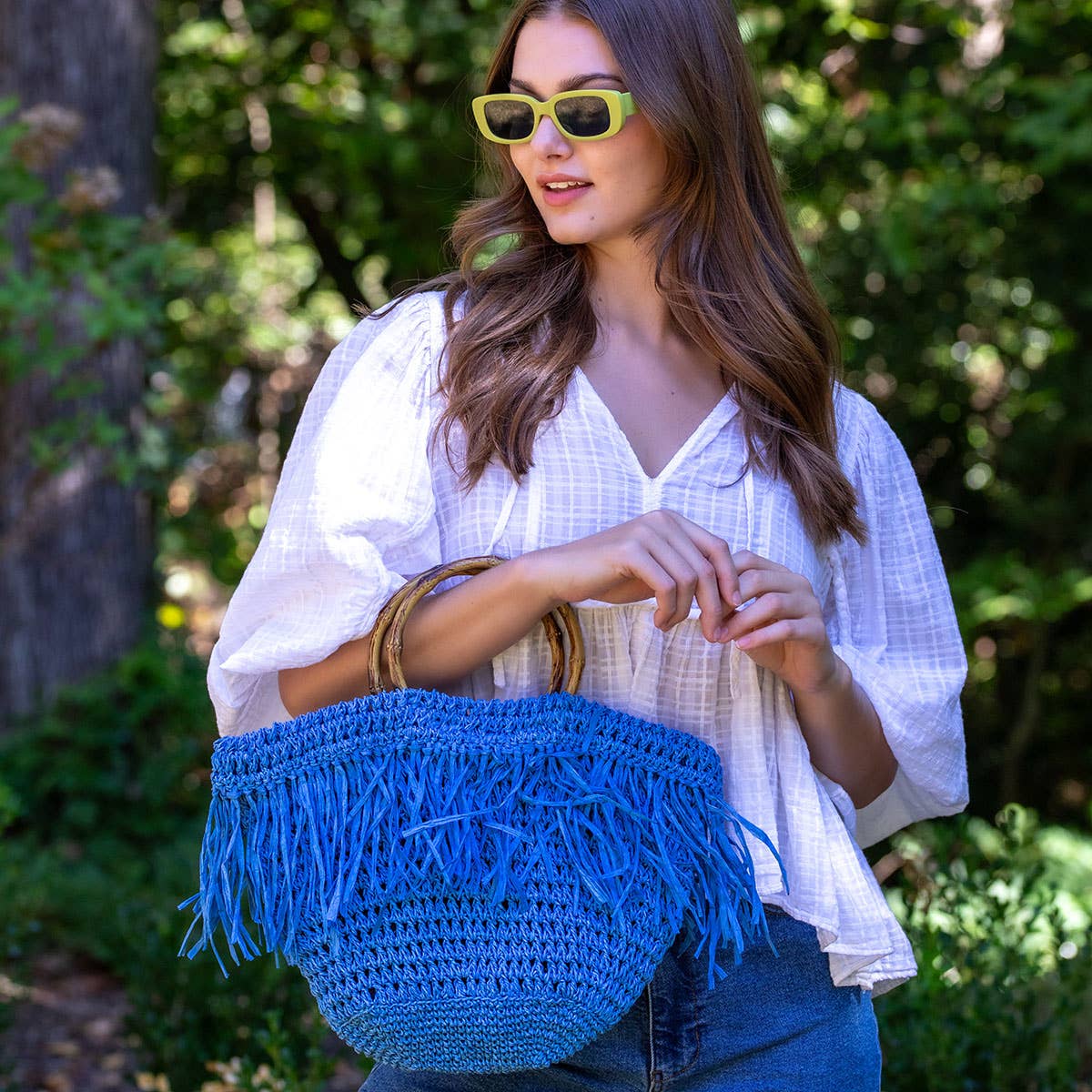 Santorini Bag - Blue Raffia Fringe Bag with Wood Handle