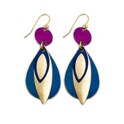 Brass Patina Earrings - Fuschia and Blue Layered Teardrop