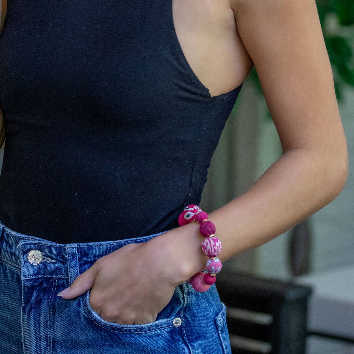 Aasha Bold Blush Stretch Kantha Handcrafted Bracelet