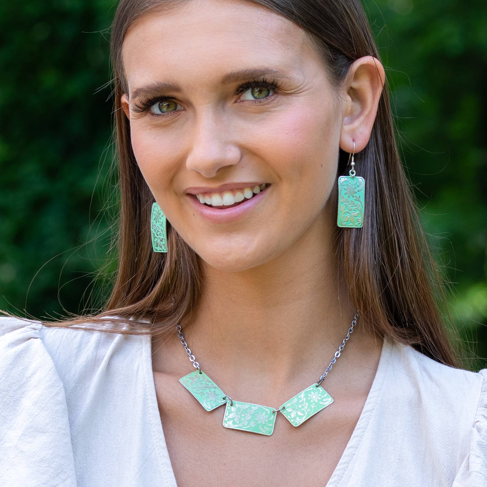 Silver Patina Necklace - Three Mint Rectangles