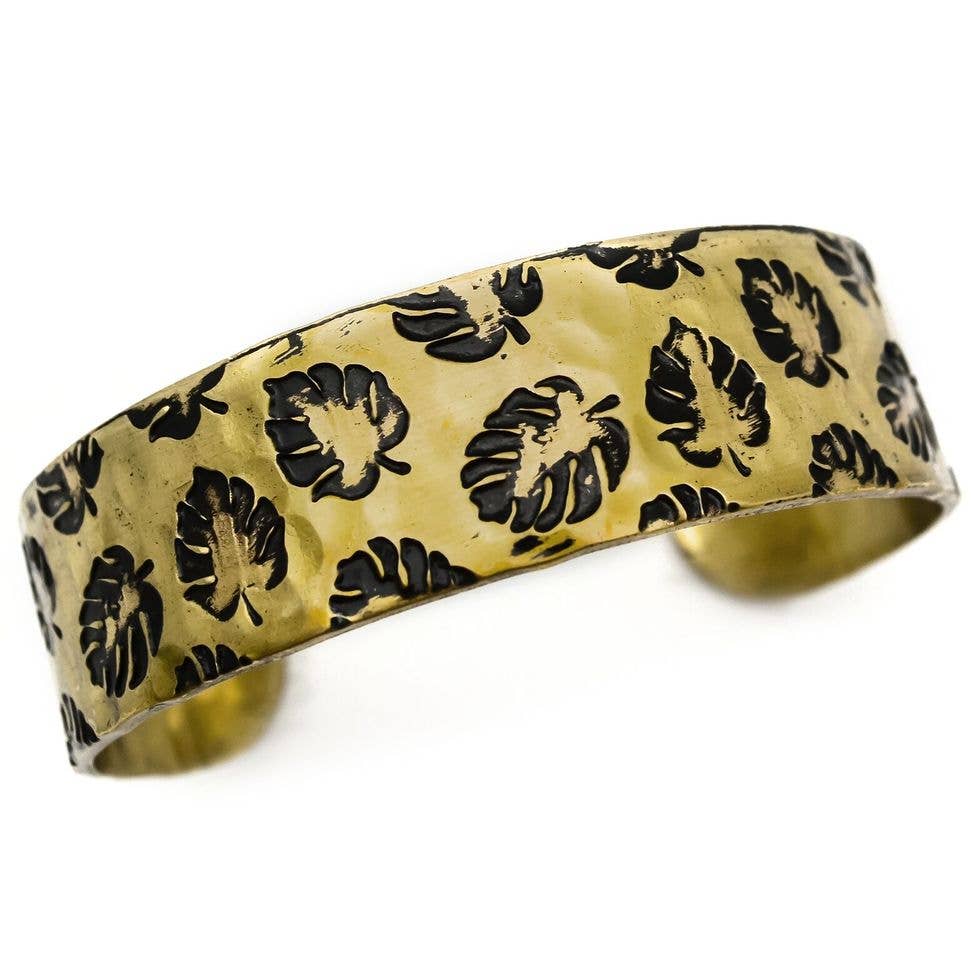 Monstera Leaves Brass Engraved Cuff Bracelet