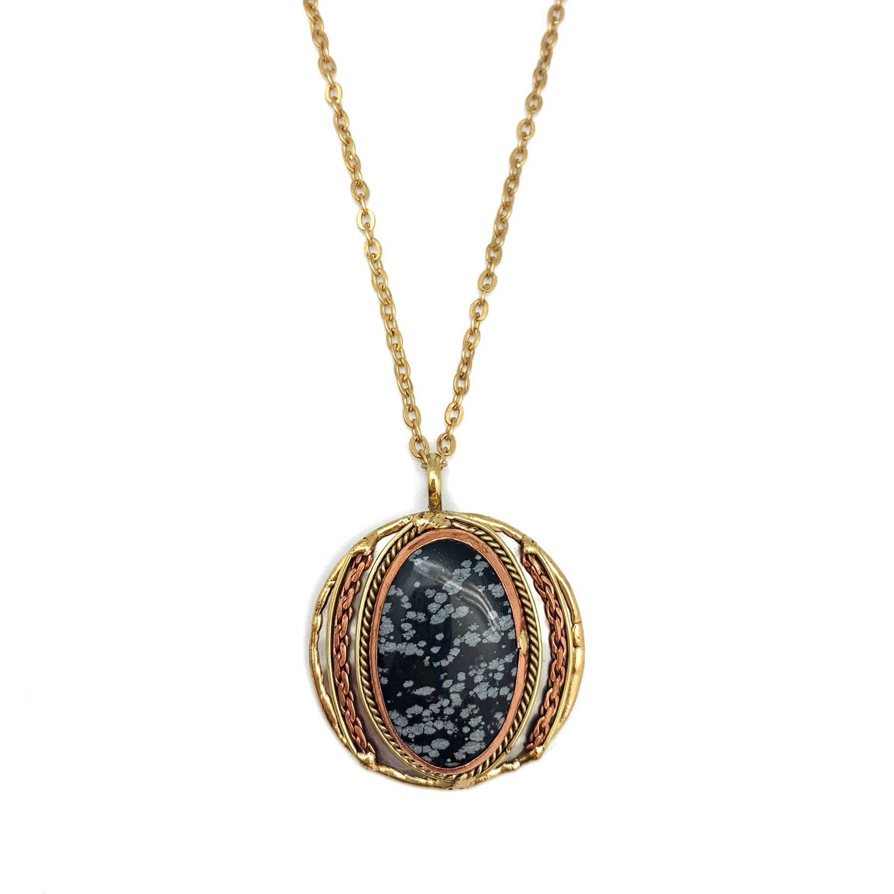 Mixed Metal and Snowflake Obsidian Stone Pendant with chain