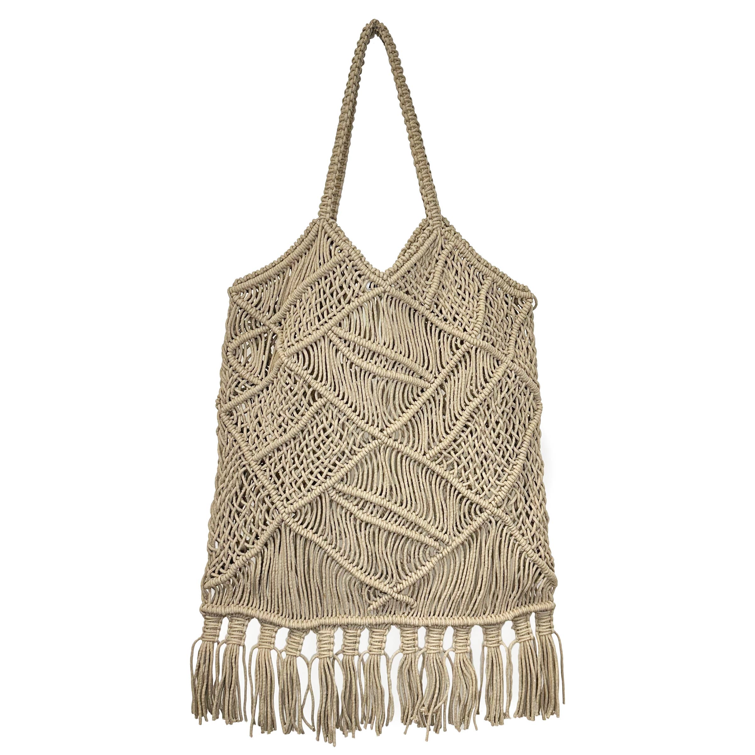 Adira Woven Cotton Macrame Large Fringe Bags - Beige