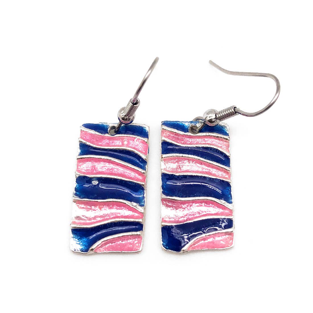 Pewter Earrings with Color Enamel - Cobalt/Pink Rectangles