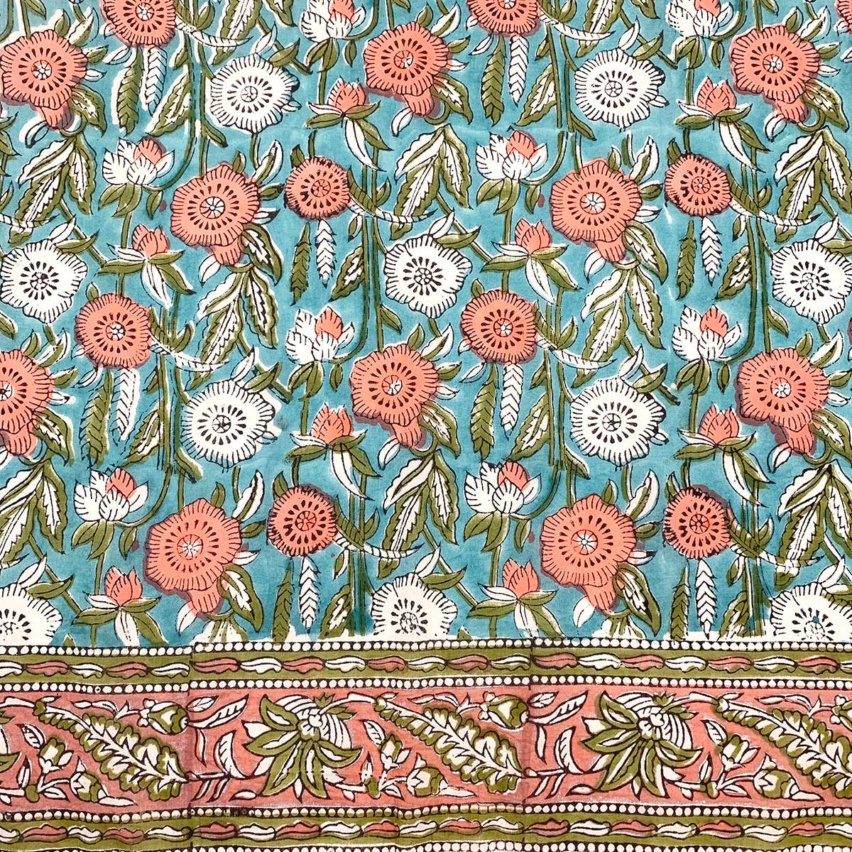 Block Printed Cotton Scarf - Turquoise and Coral Floral