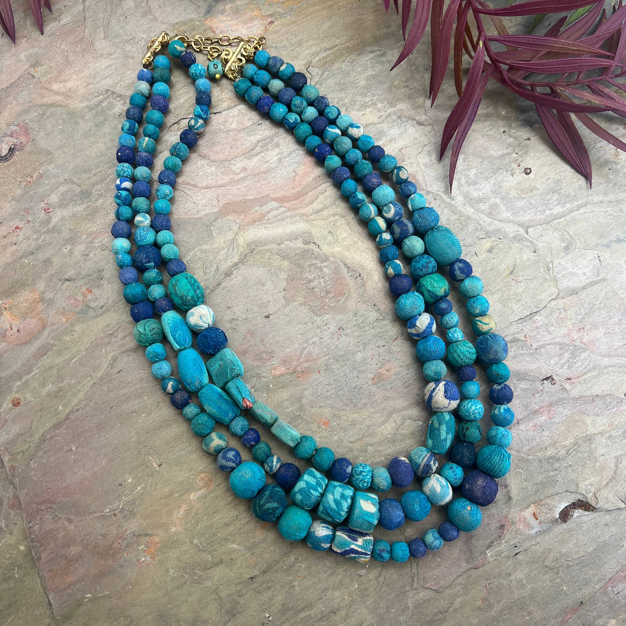 Aasha Trinity Aqua Kantha Beaded Layered Necklace