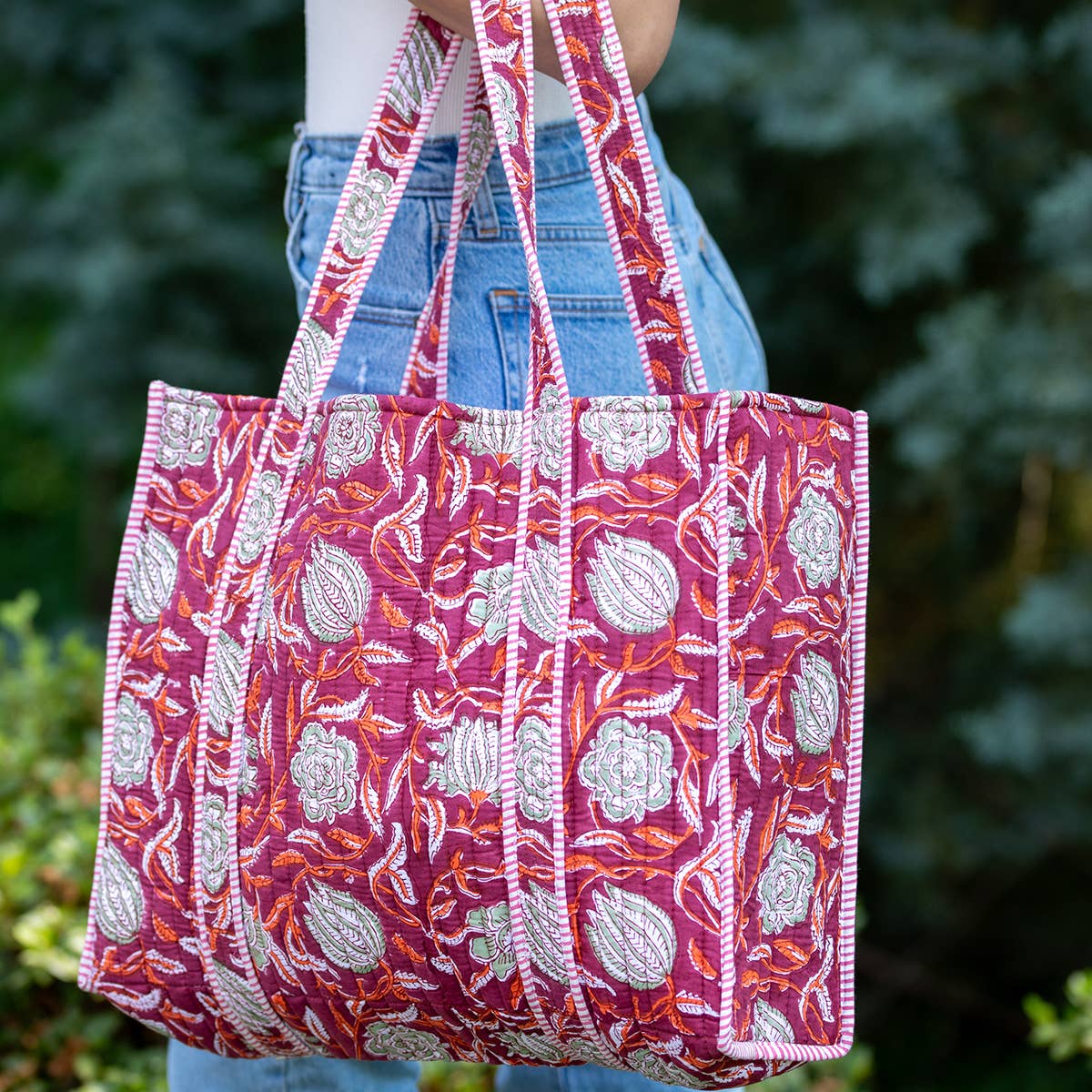 Hand Creafted Plum Blossoms Quilted Block-Printed Tote