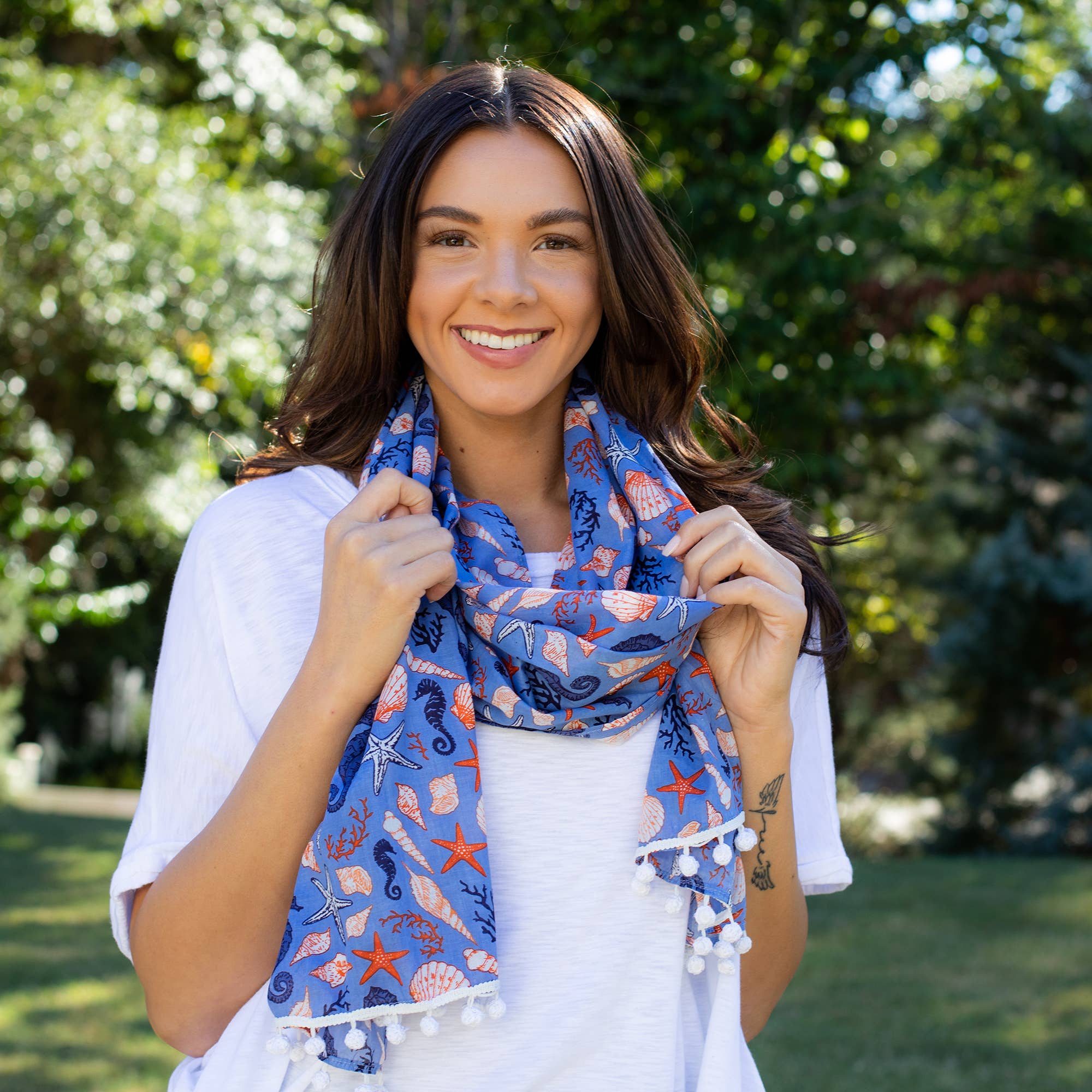 Block Printed Cotton Scarf - Seahorses, Shells, Coral Print