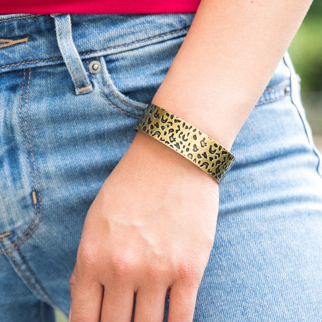 Cheetah Print Brass Engraved Cuff Bracelet