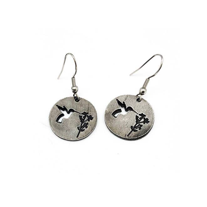 Pewter Earrings - Hummingbird and Flower