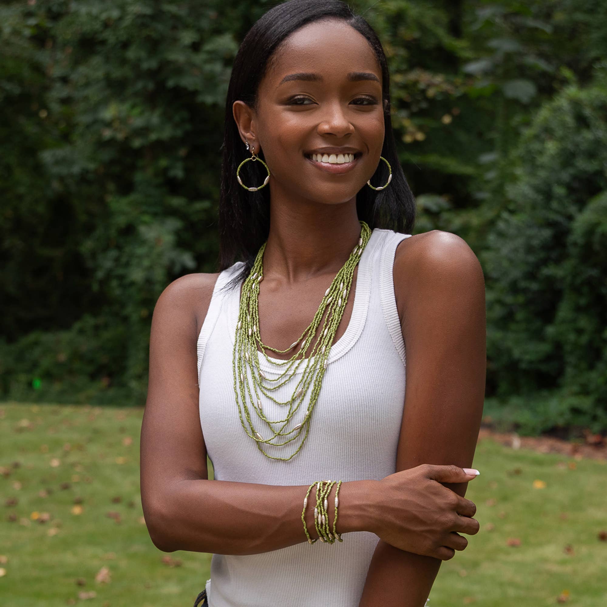 Seed Bead Multi-Strand Necklace - Olive Green