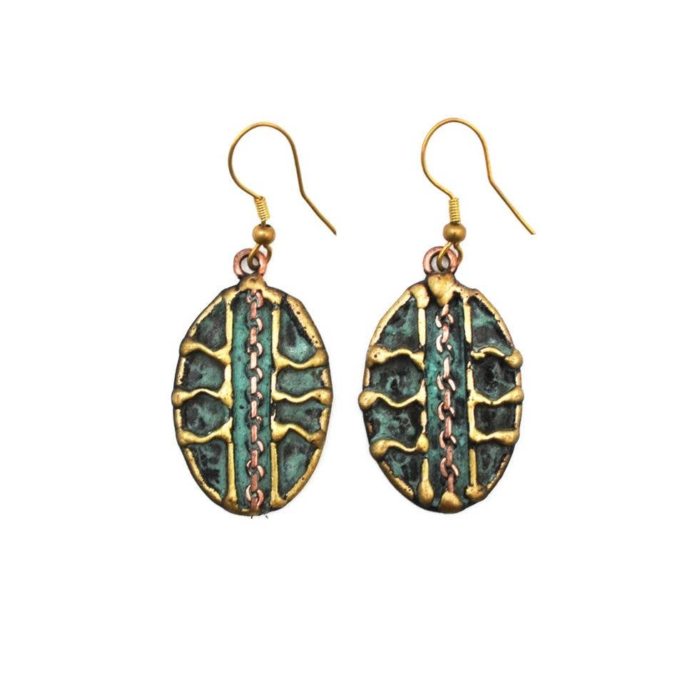 Brass Patina Wavy Lines Oval Earrings