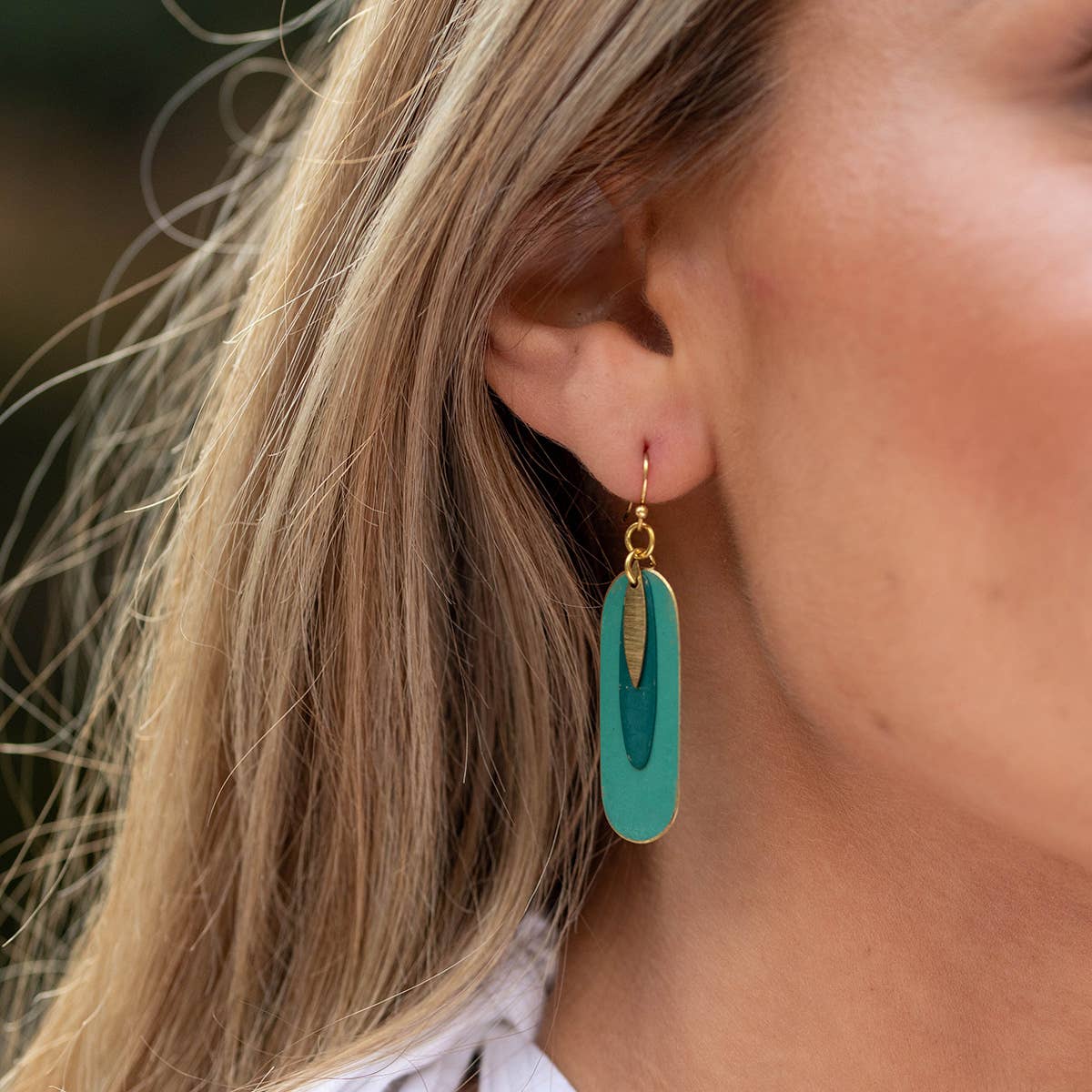 Brass Patina Earrings - Teal Abstract Layers