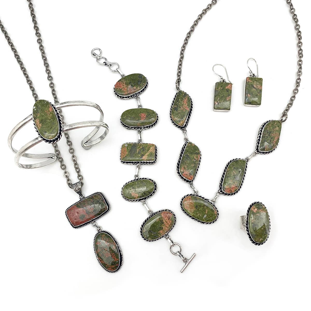 Handcrafted Semiprecious Stone Link Bracelet - Unakite