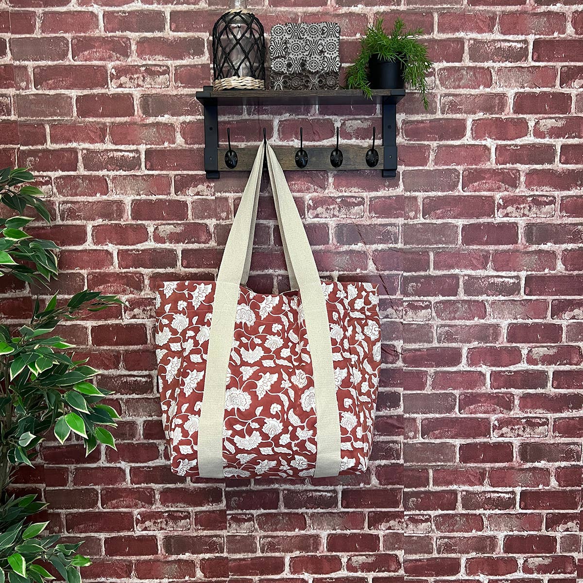 Handcrafted Canvas Bag with Block-Printed Orange Flower Bed