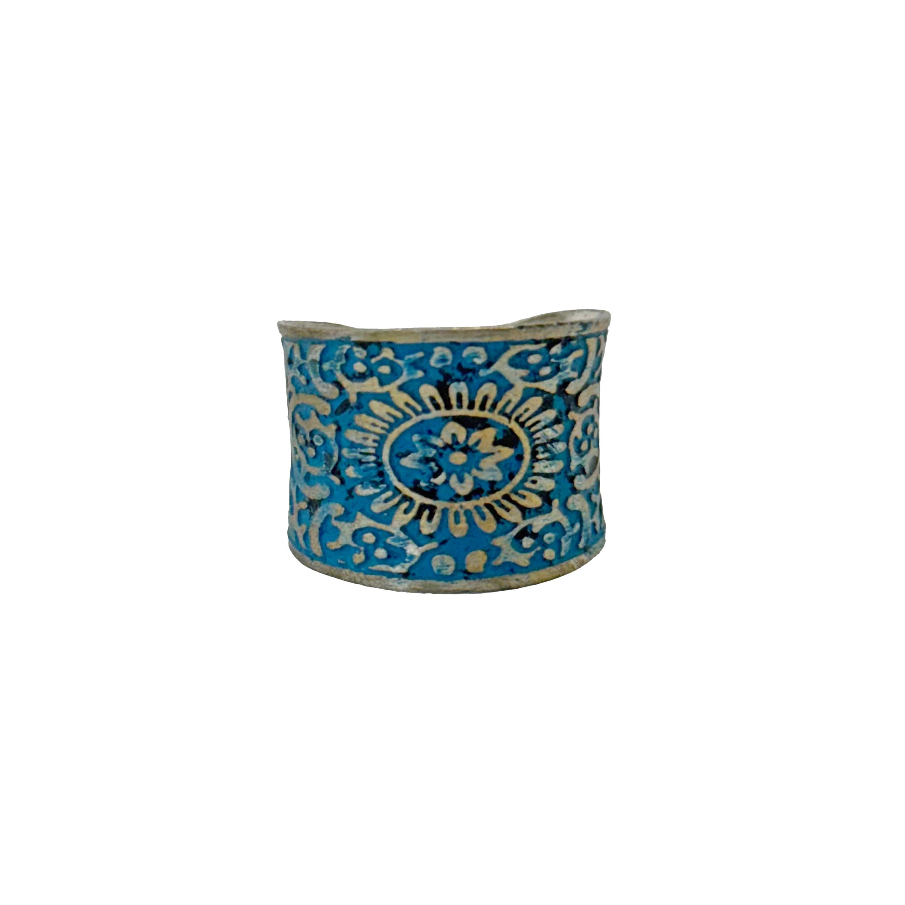 Handcrafted Silver Patina Blue Mandala Ring
