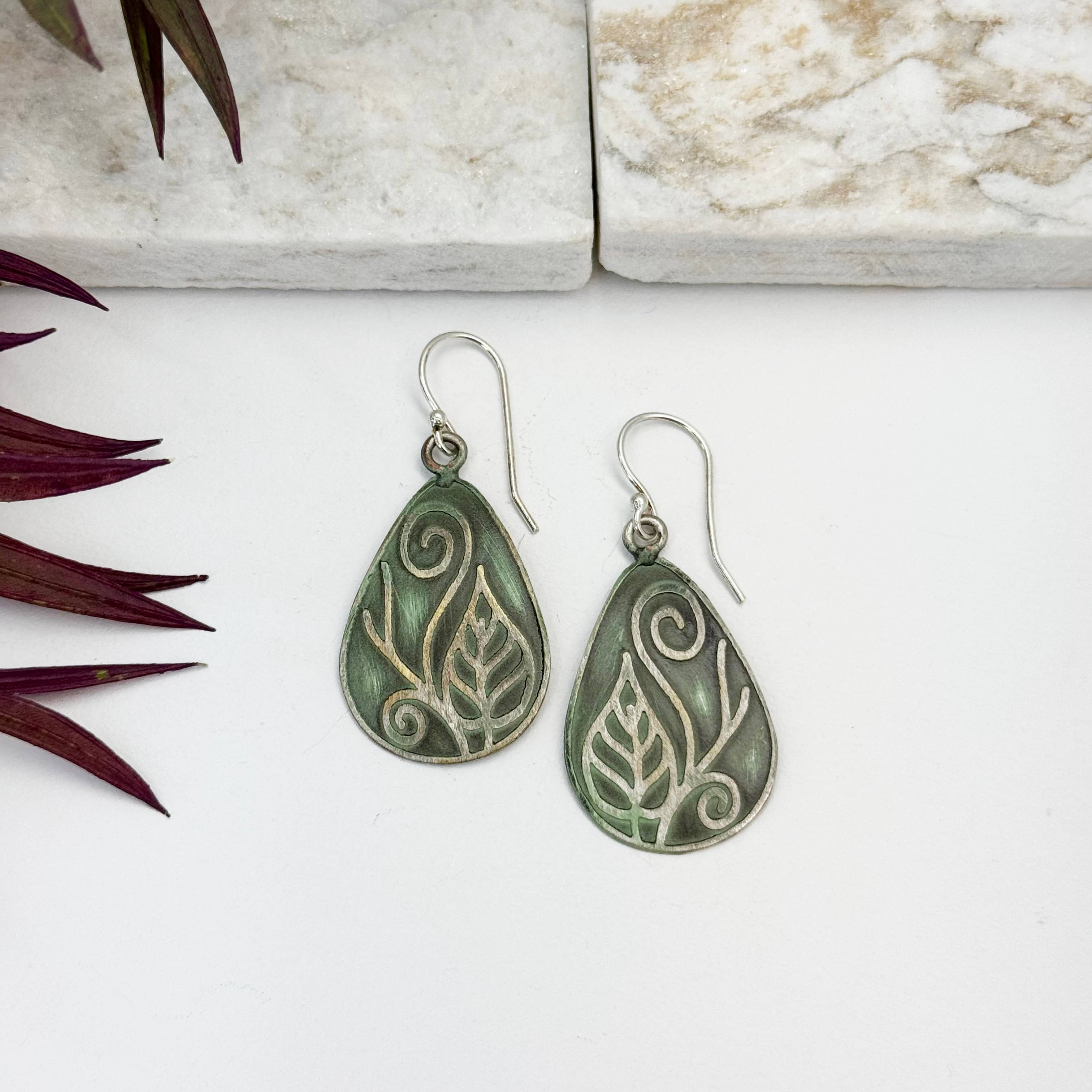 Handcrafted Silver Patina Green Leaf Vine Earrings