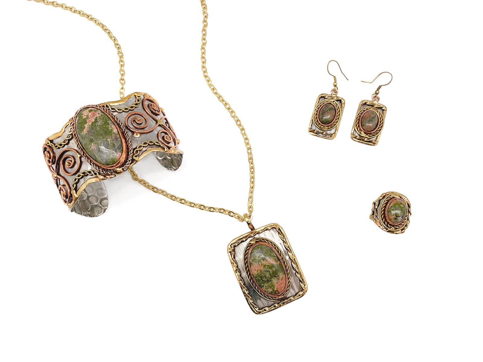 Mixed Metal and Unakite Stone Ring