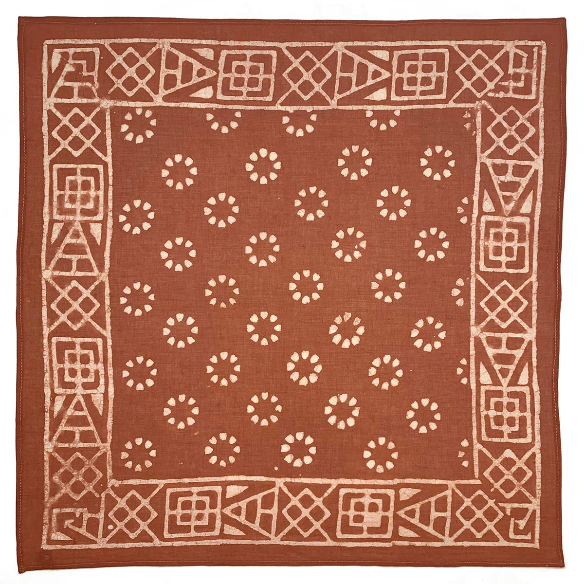 Block Printed Bandana - Brown Circles and Geometric Border