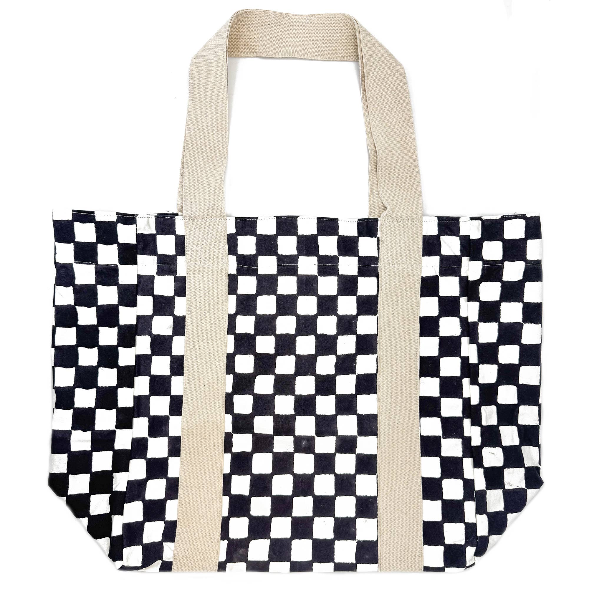 Block Printed Canvas Tote - Black Checkered
