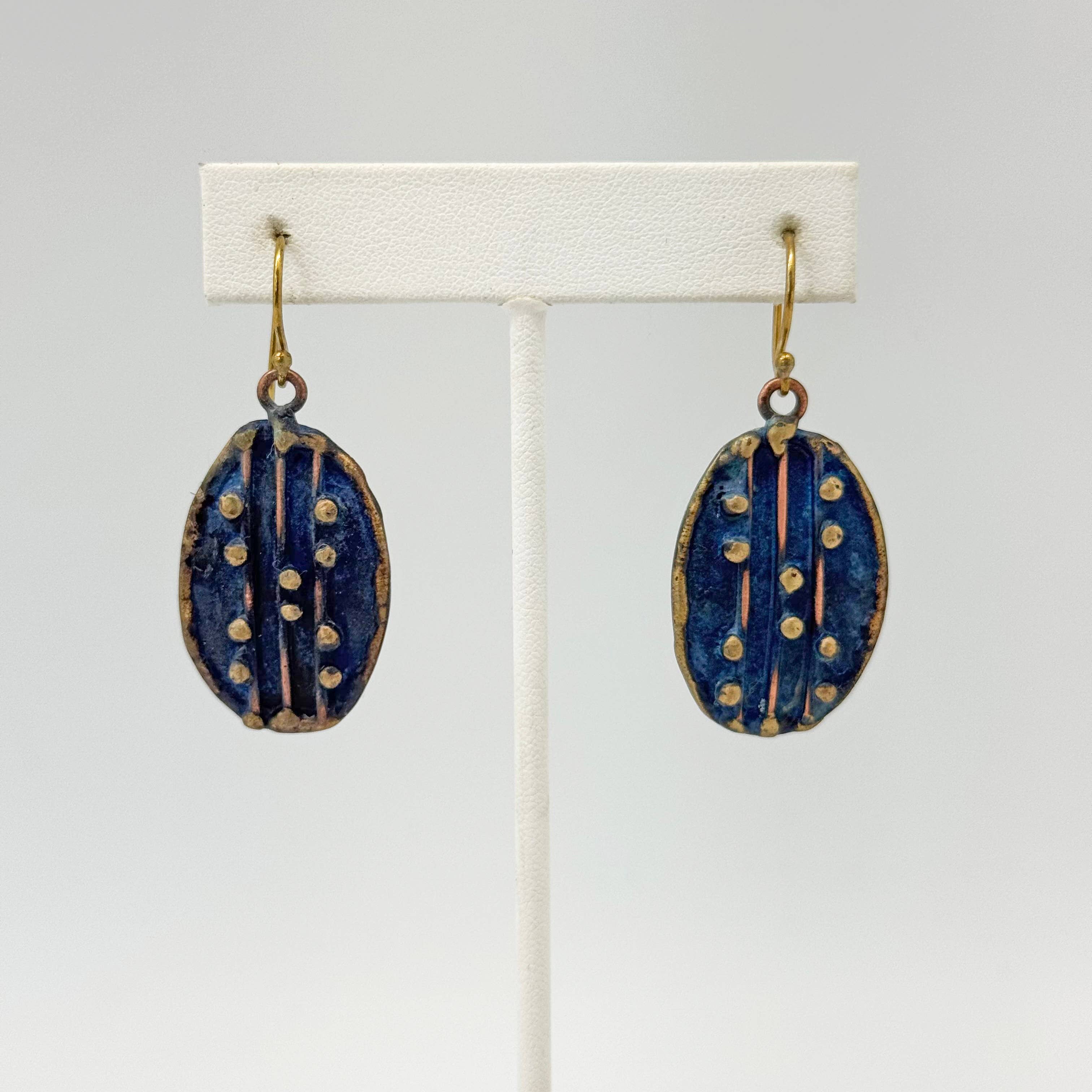 Handcrafted Navy Blue Dotted Line Brass Patina Earrings