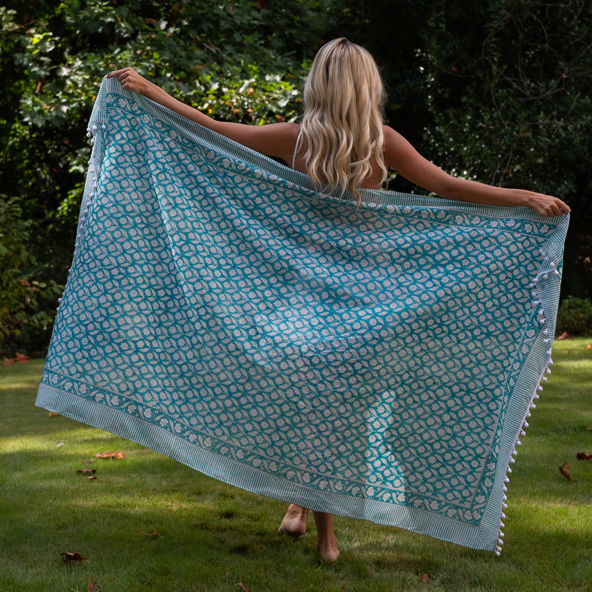Handcrafted Cotton Sarong - Teal Floral Garden