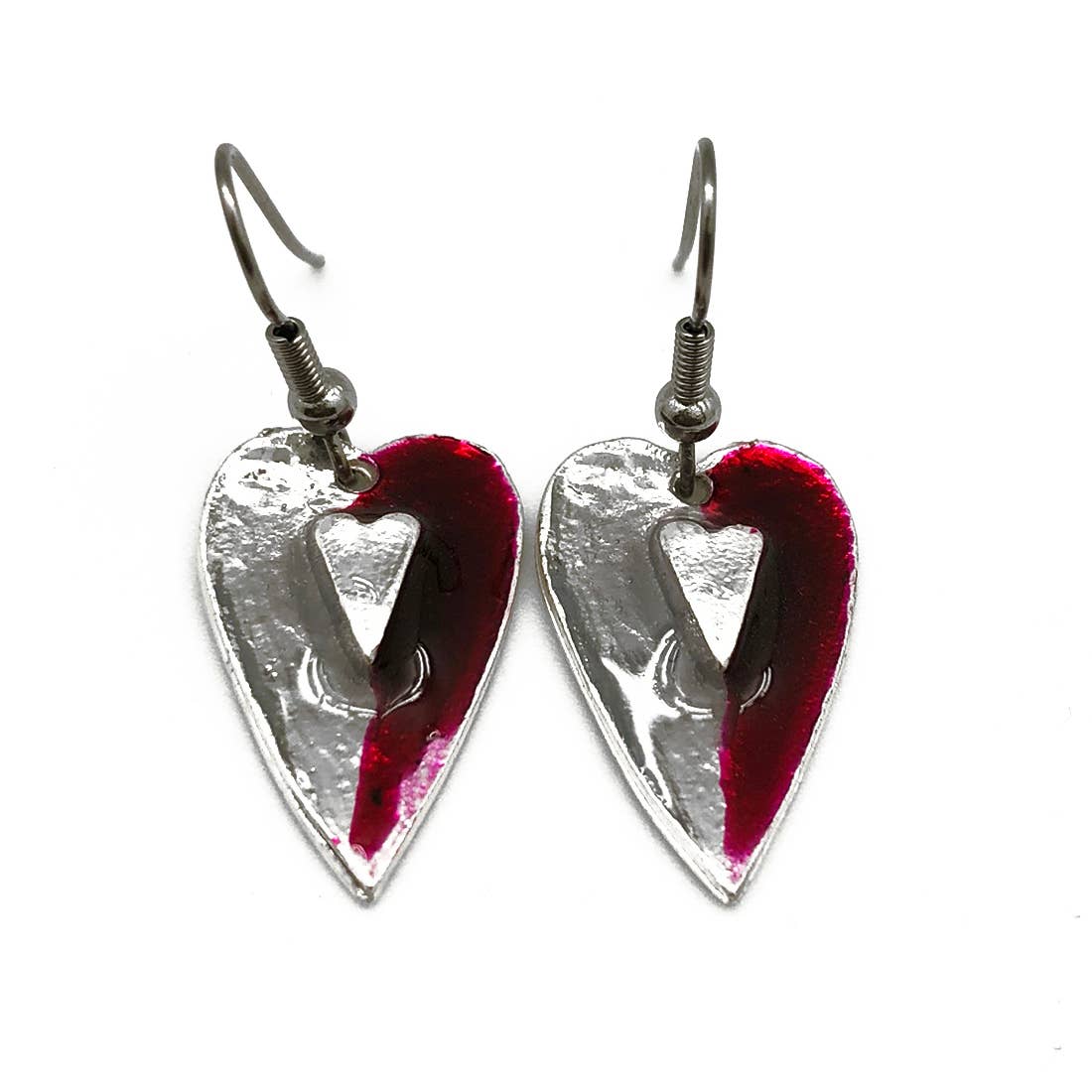 Pewter Earrings with Color Enamel - Raspberry/Grey Heart