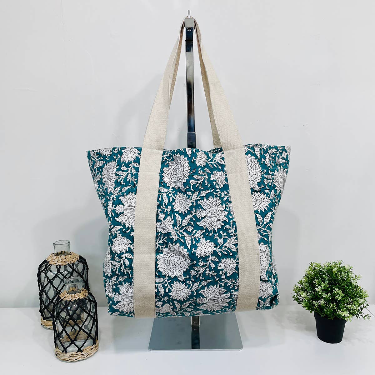 Handcrafted Canvas Bag with Block-Printed Verdant Bloom
