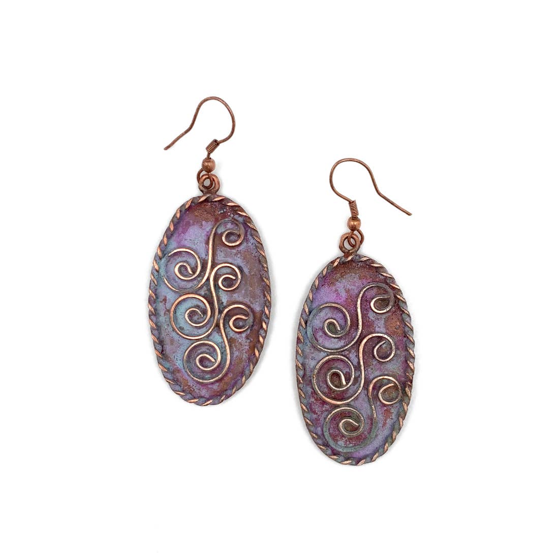 Copper Patina Earrings - Three Double Spirals in Lilac Ovals