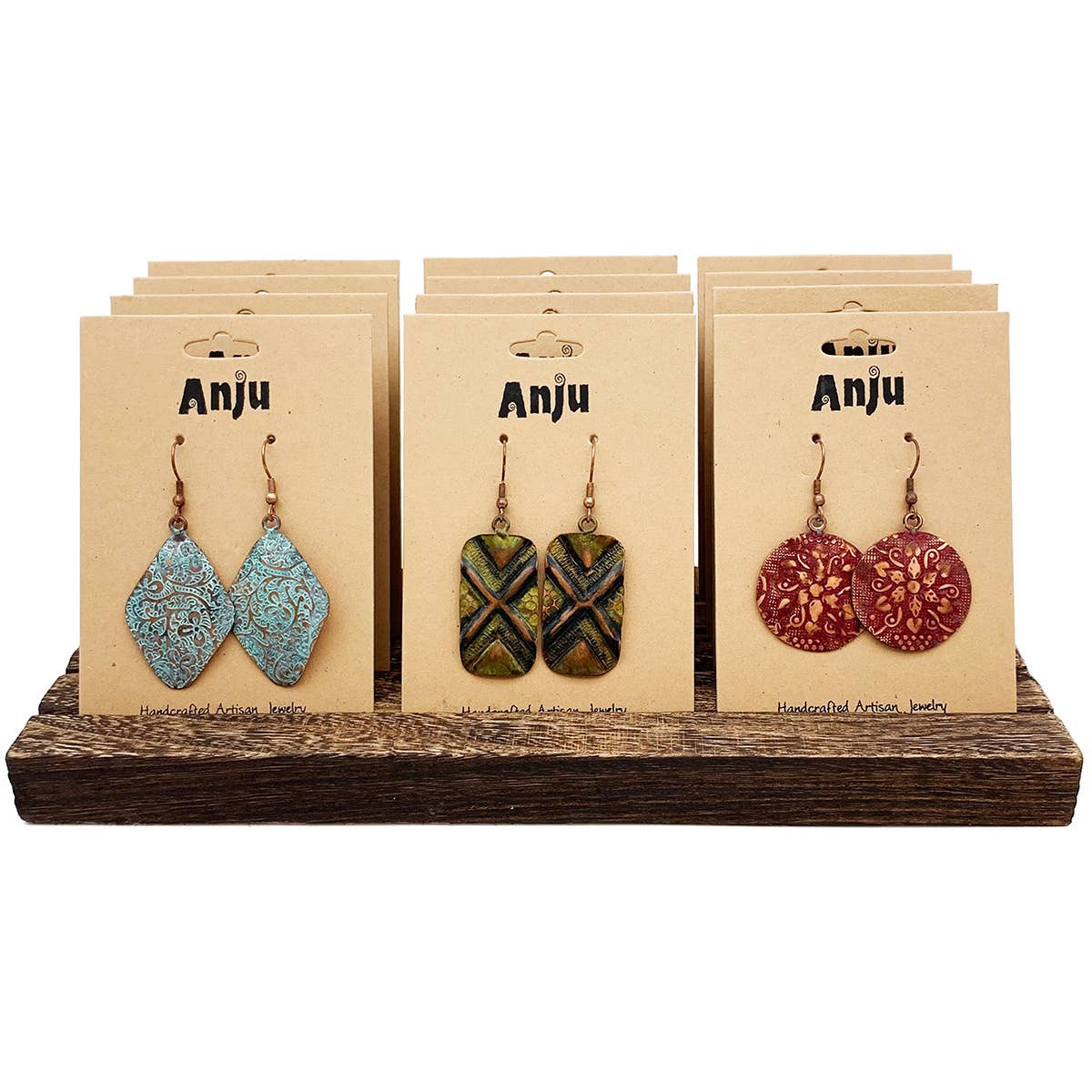 Copper Patina Earrings & Wooden Display Prepack