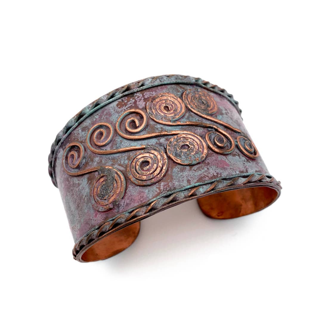 Lilac Purple Row of Double Spirals Copper Patina Cuff