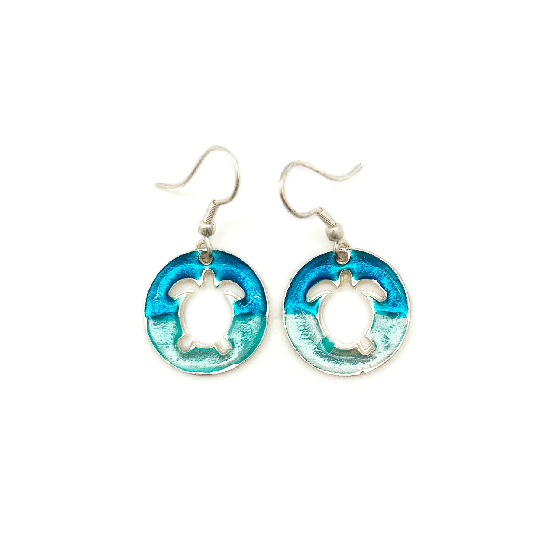 Pewter Earrings with Color Enamel - Teal/Aqua Turtle