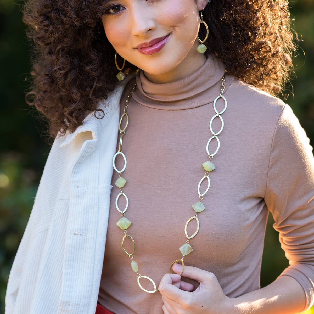 Gold-Plated Long Necklace With Prehnite Stones