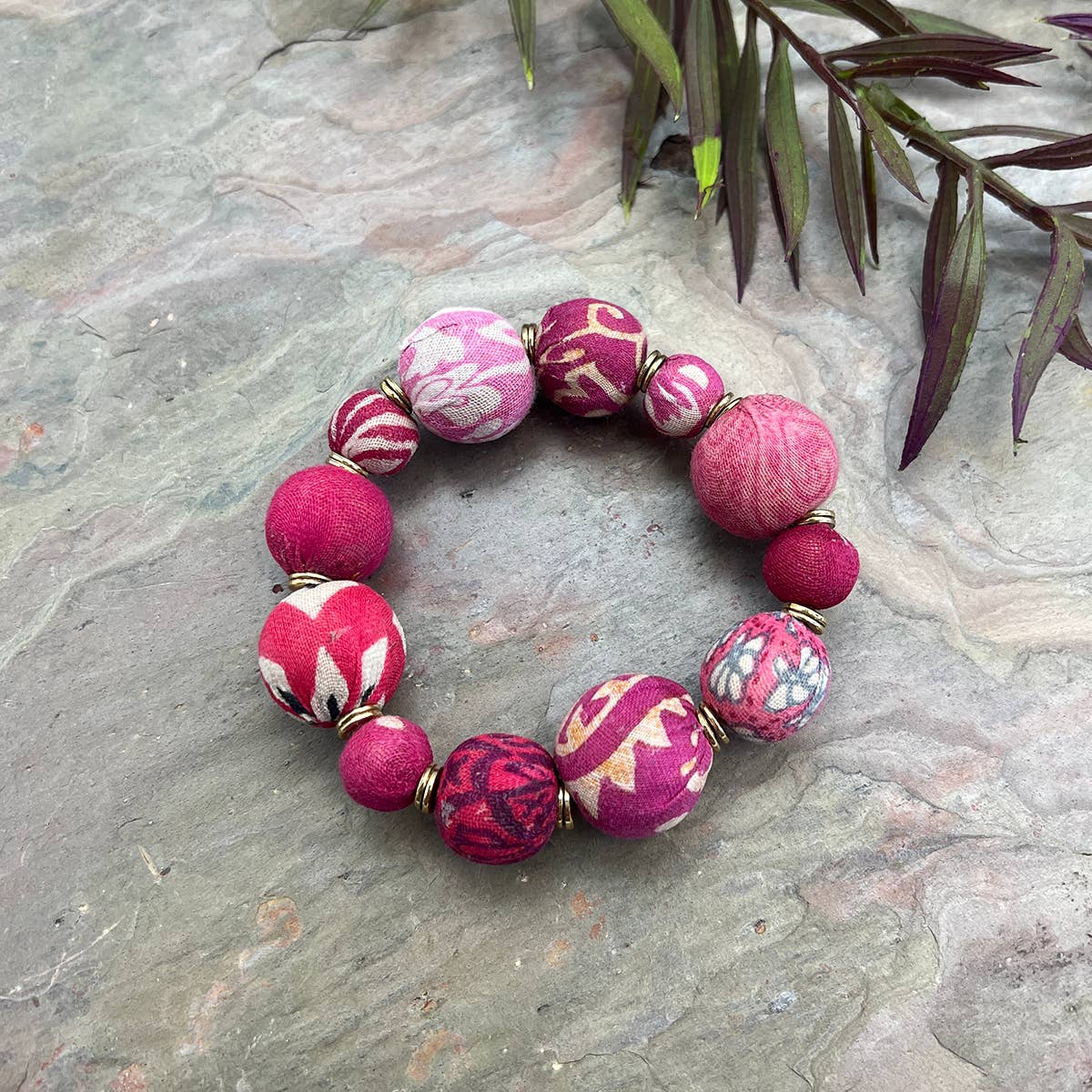 Aasha Bold Blush Stretch Kantha Handcrafted Bracelet