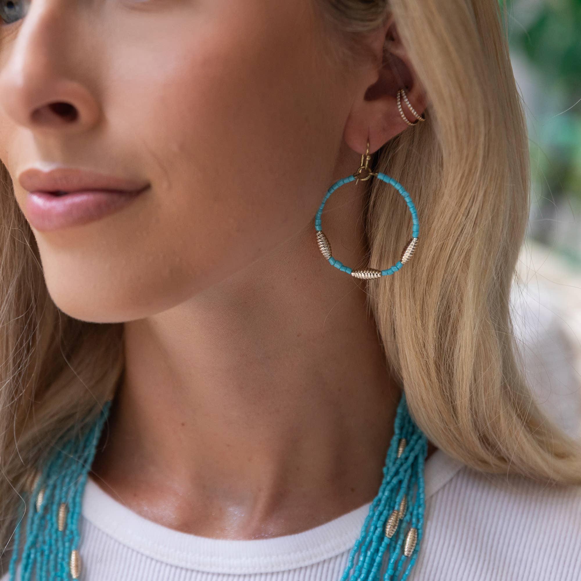 Seed Bead Hoop Earrings - Sky Blue