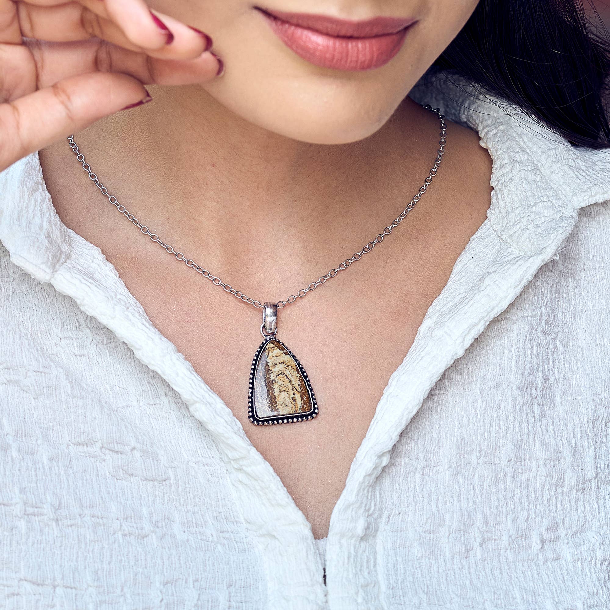 Handcrafted Semiprecious Large Stone Necklace -PictureJasper