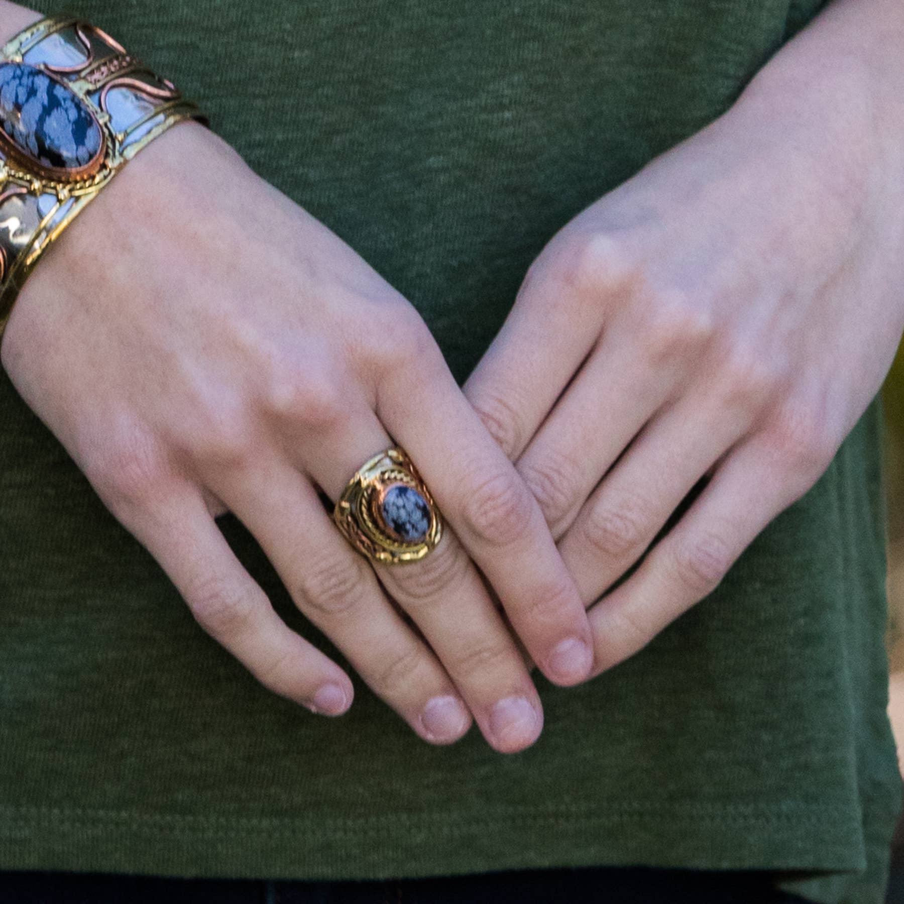 Mixed Metal and Snowflake Obsidian Stone Ring