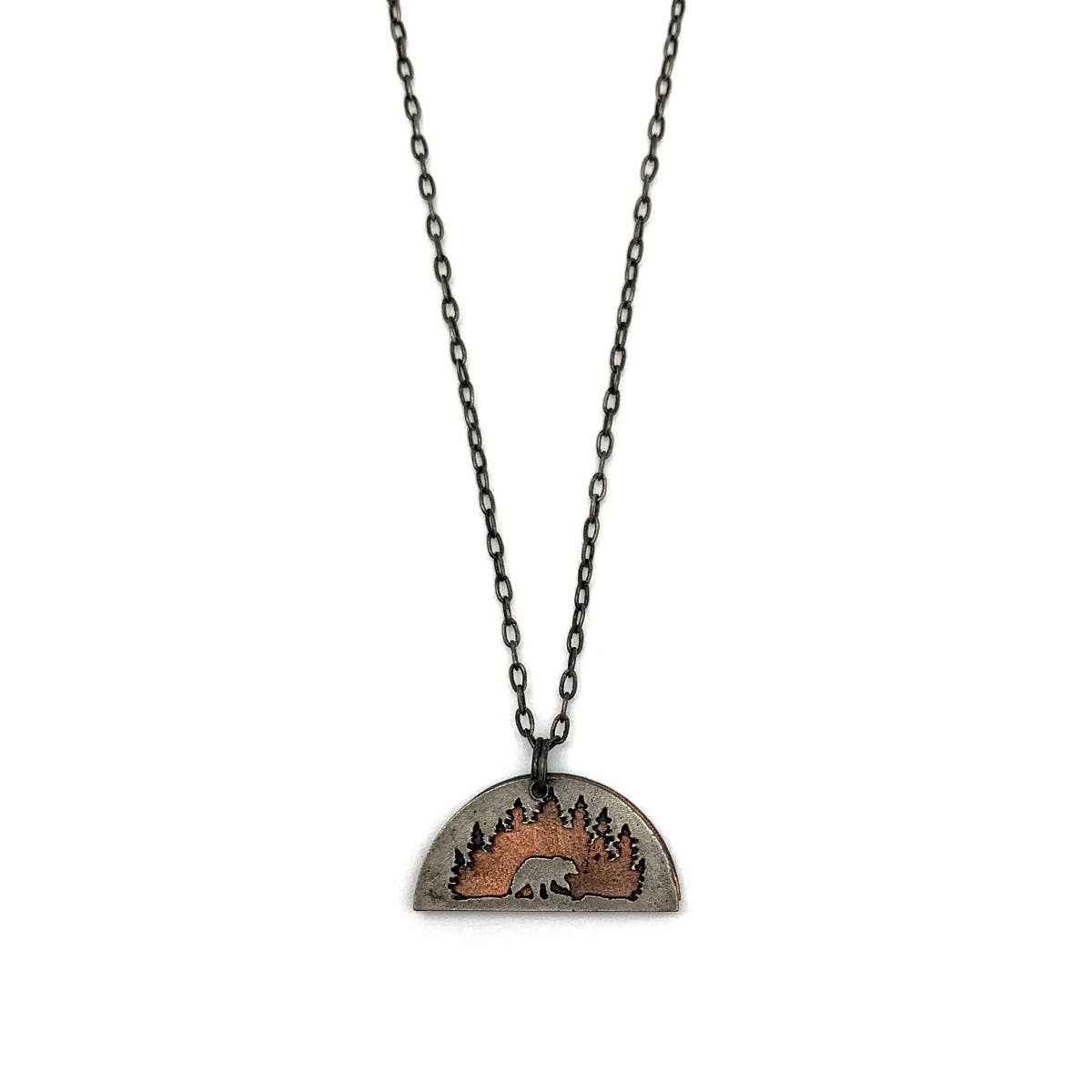 Pewter Necklace - Bear in Woods in Half Circle