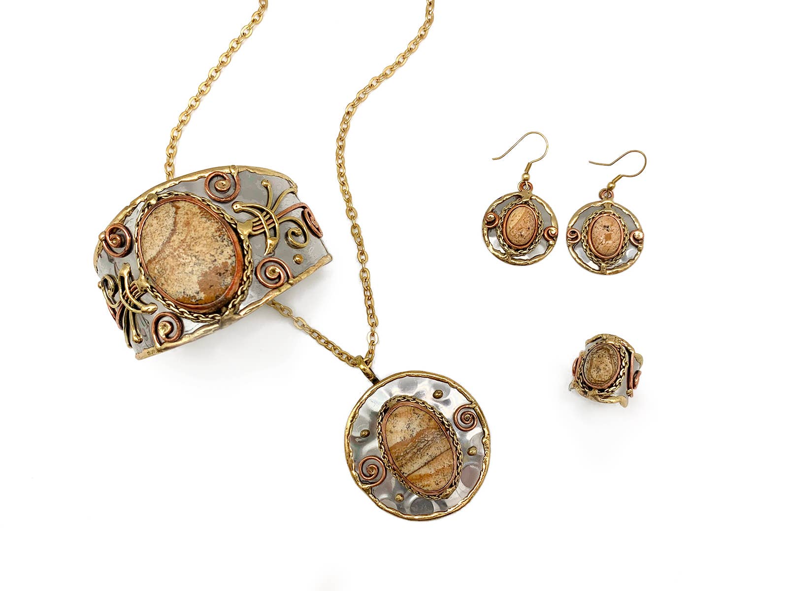 Mixed Metal and Picture Jasper Stone Earrings