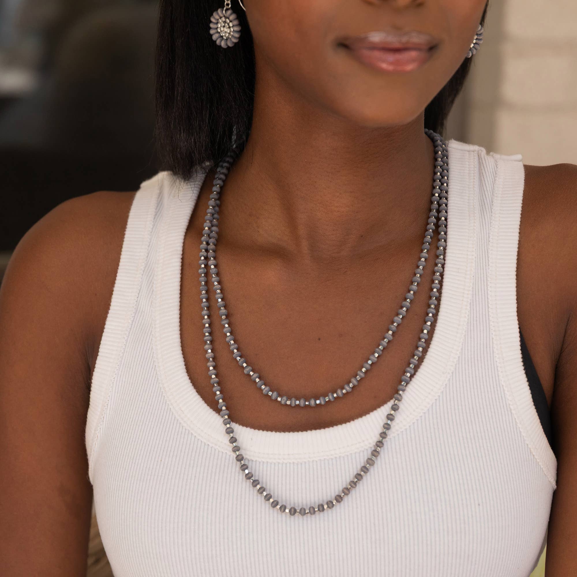 Sachi Long Wood Bead Necklace - Grey