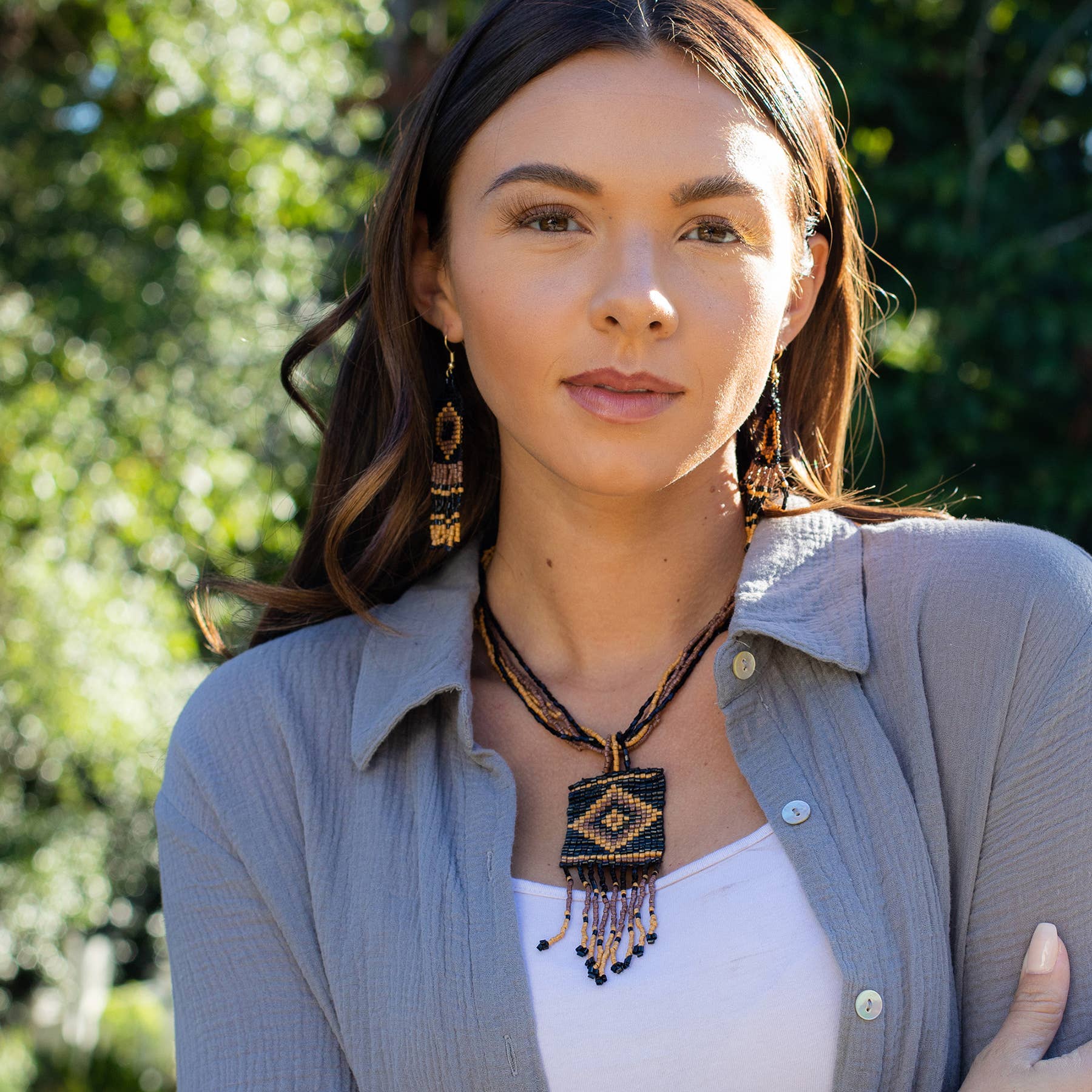Sachi Beaded Safari Necklace - Brown Square and Bead Fringe