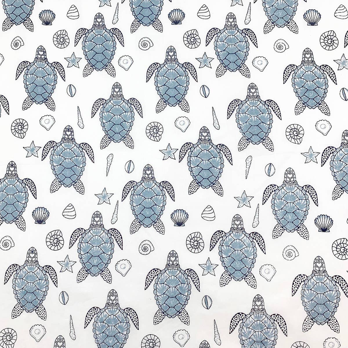 Block Printed Cotton Scarf - Blue Grey Turtles and Seashells