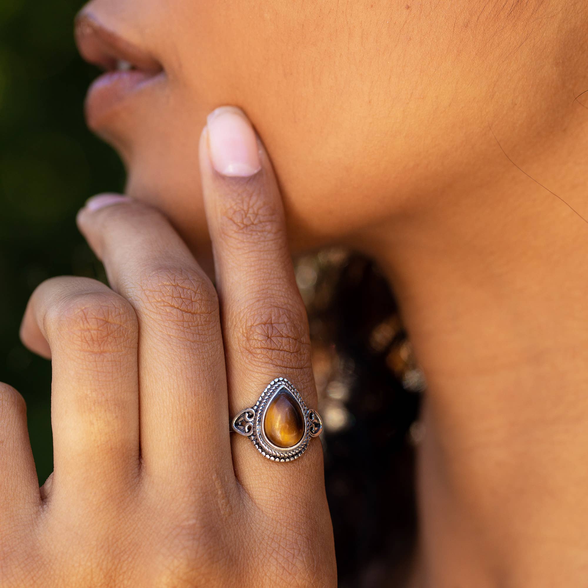 Tanvi Collection Ring - Silver Teardrop with Tigereye