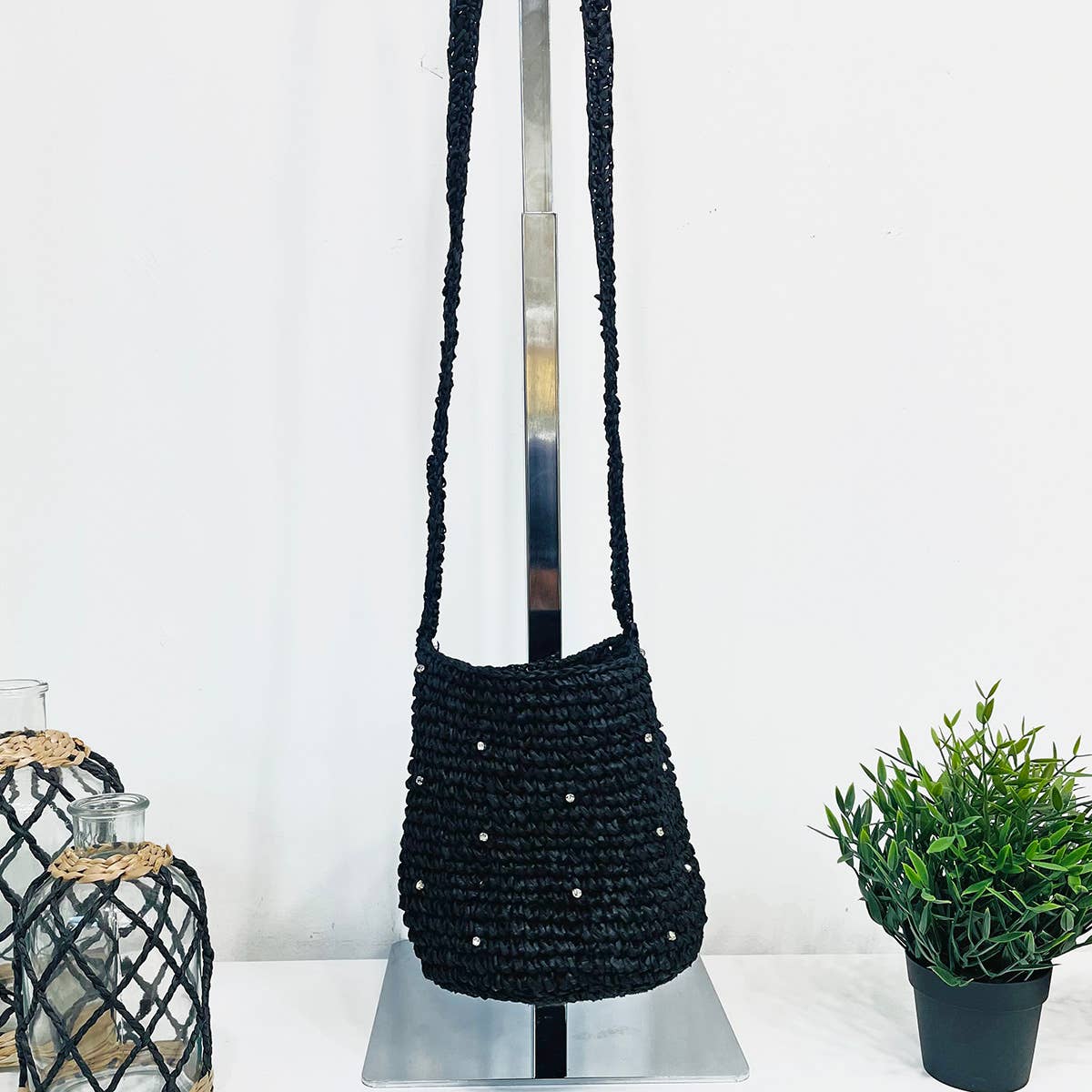 Sylvie Bag - Raffia Bucket Bag with Rhinestones - Black