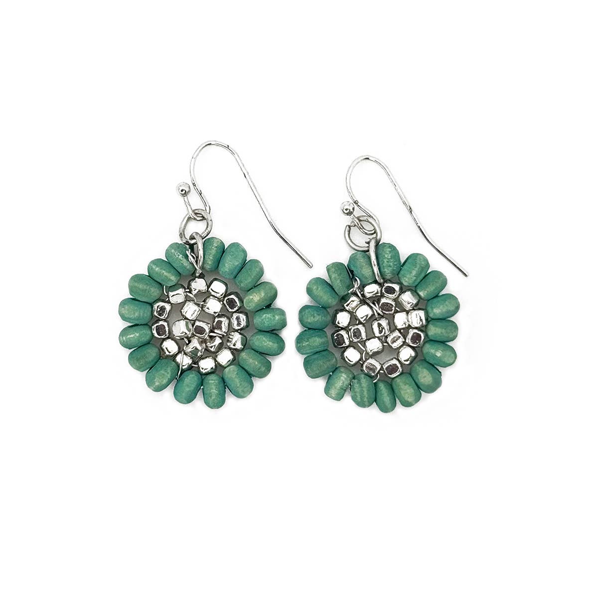 Sachi Wood Bead Flower Earrings - Sea Green