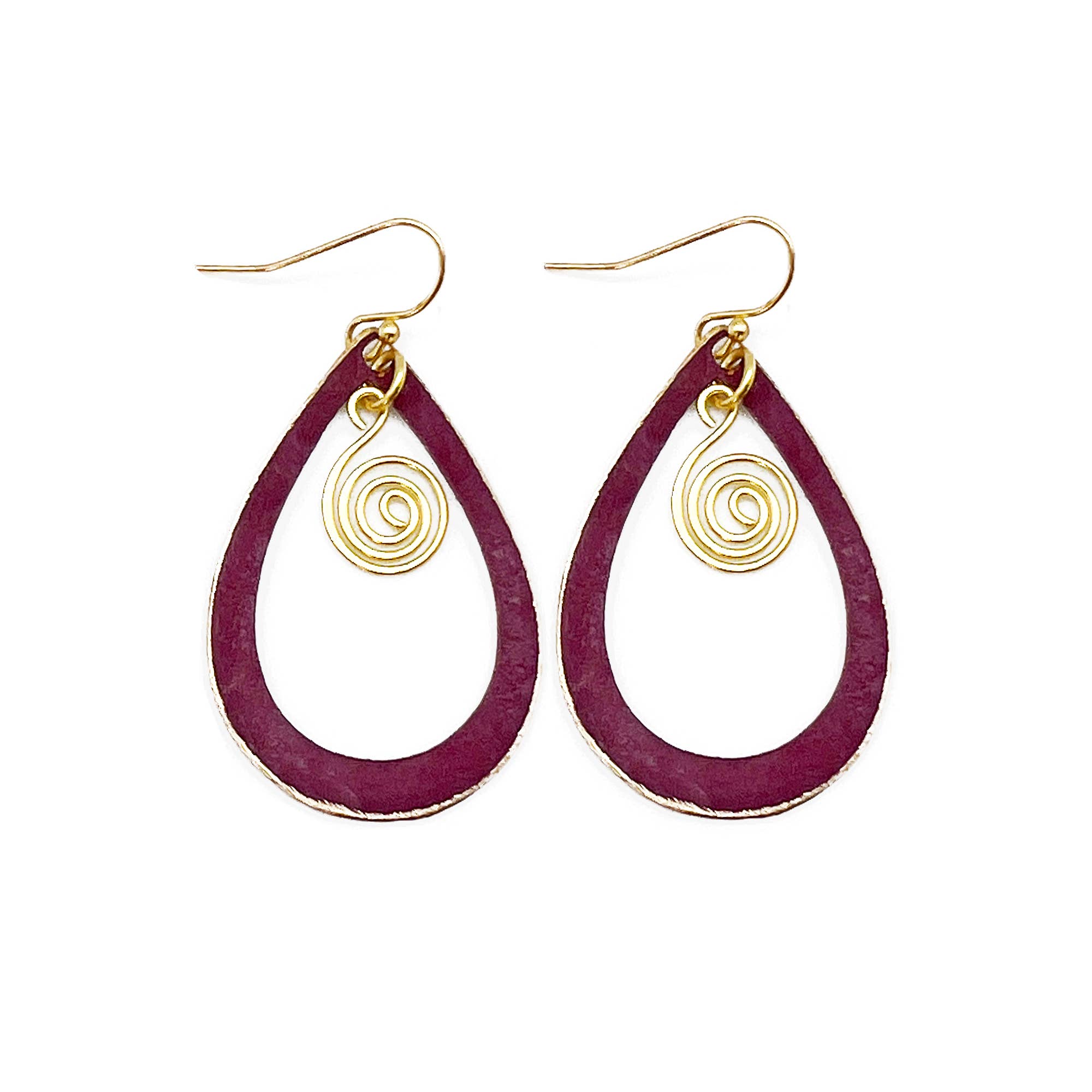Brass Patina Earrings - Maroon Cut out Gold Swivel