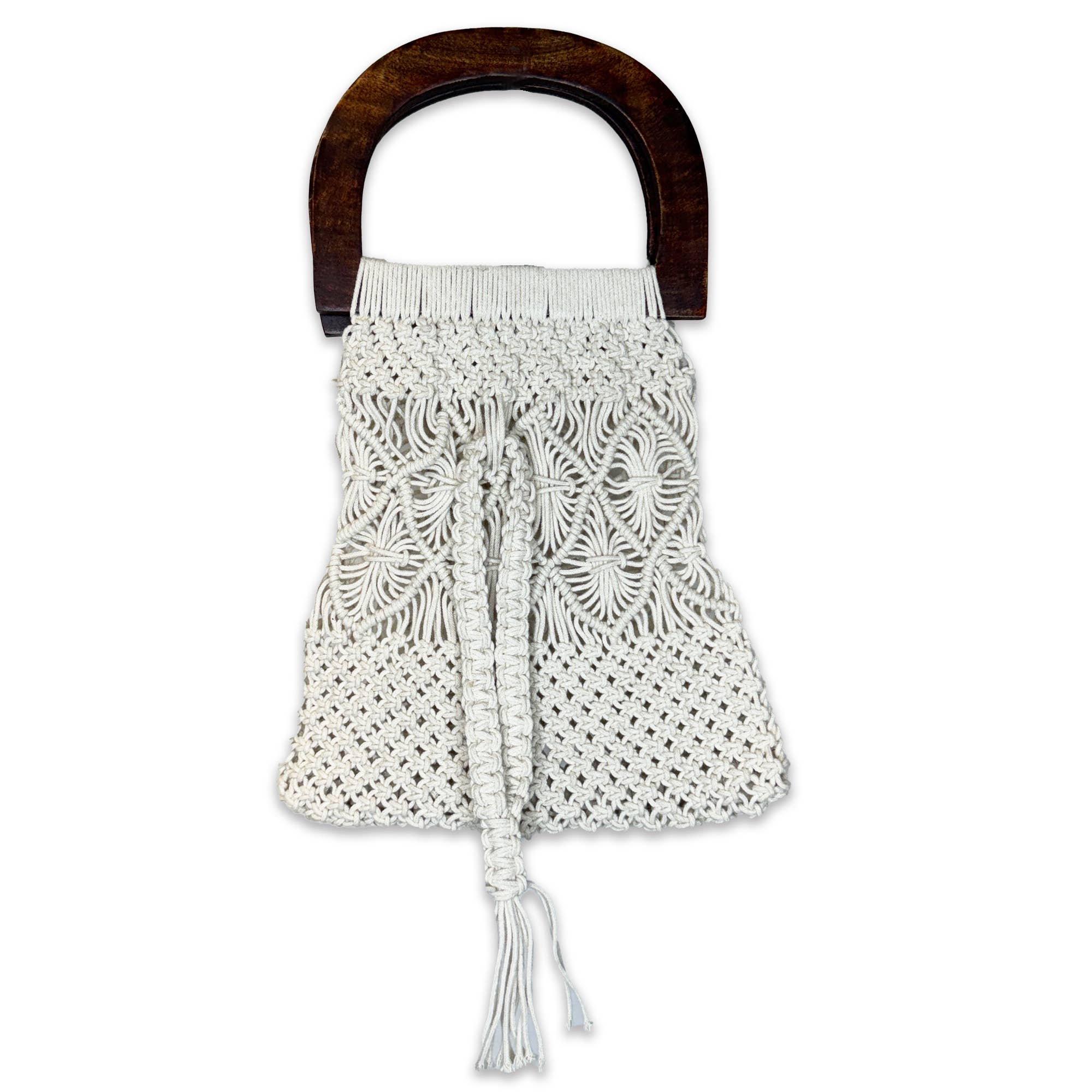 Coco Bag - Cotton Macrame Handbag with Dark Wood Handle